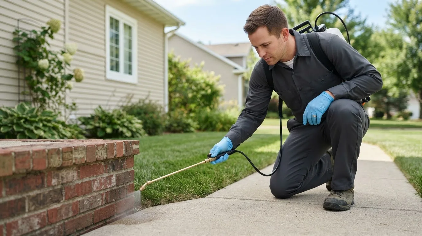 Pest control technician treating a home near Valley Grove, WV